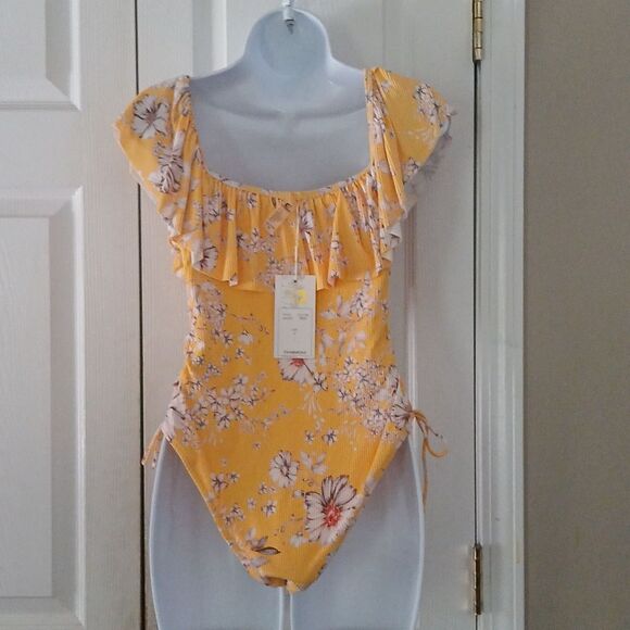 TiniBikini yellow floral print cut out side swimsuit bathing suit Sz M NWT - Picture 6 of 9